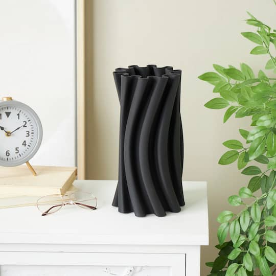 Black Abstract Curvy Ribbed Ceramic Vase
